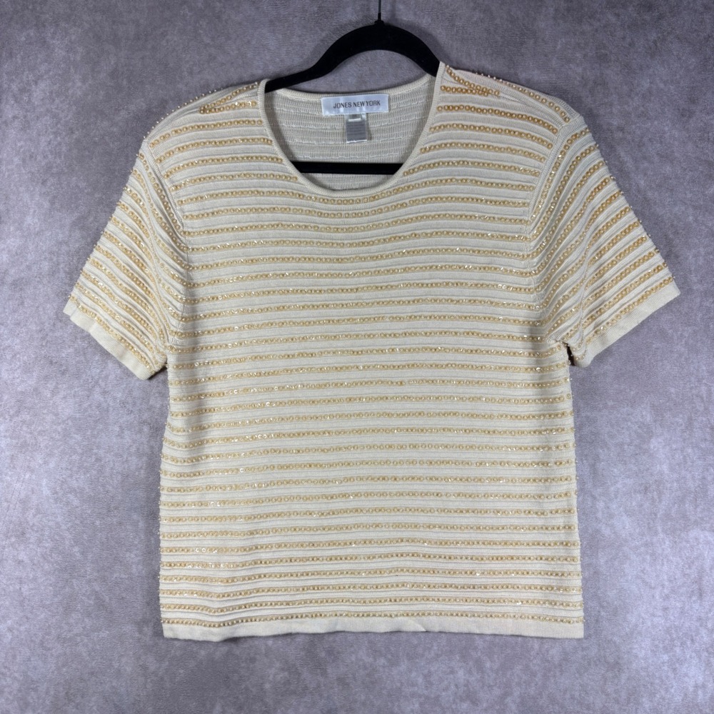 Vintage Jones New York Top Medium Cream Sequin Bead Stripe Short Sleeve Knit 90s